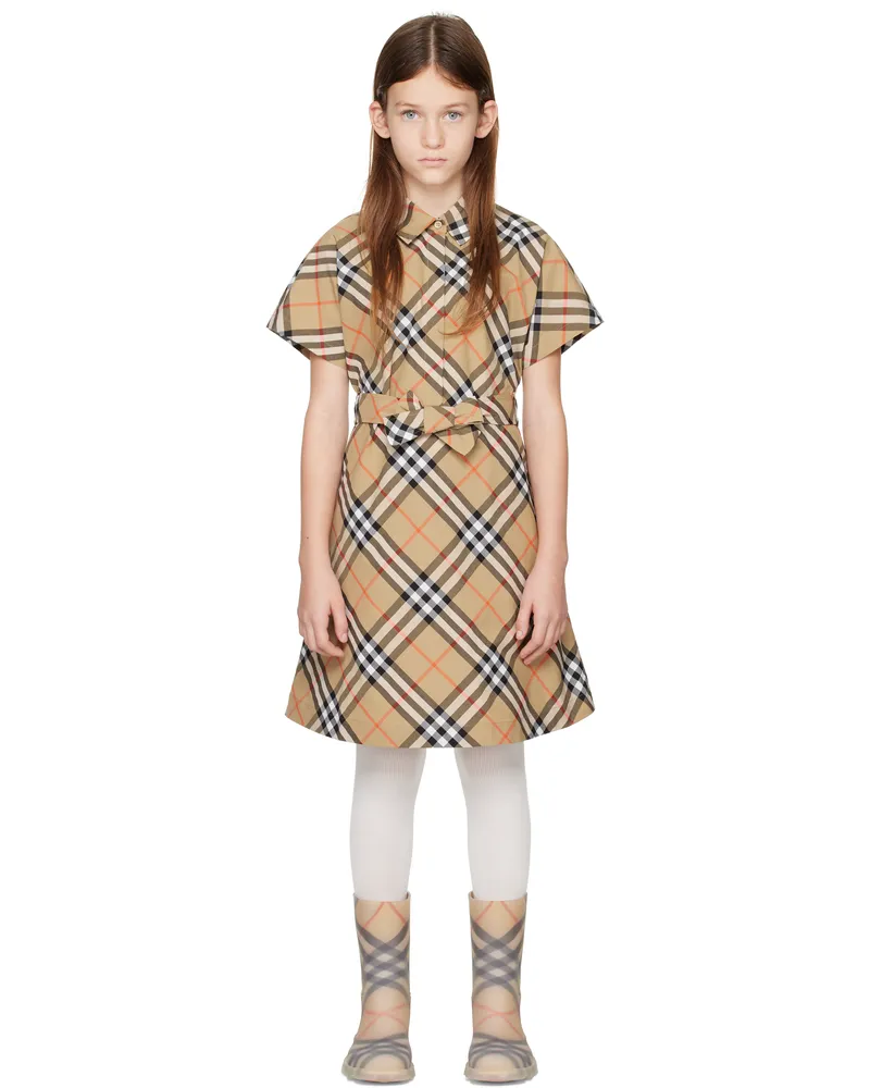 Burberry Kids Beige Check Cotton Shirt Dress Sand