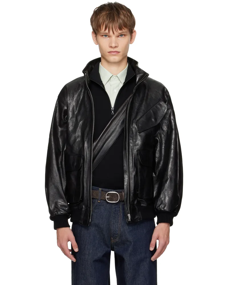 AURALEE Black Lamb Leather Zip Blouson Jacket Black