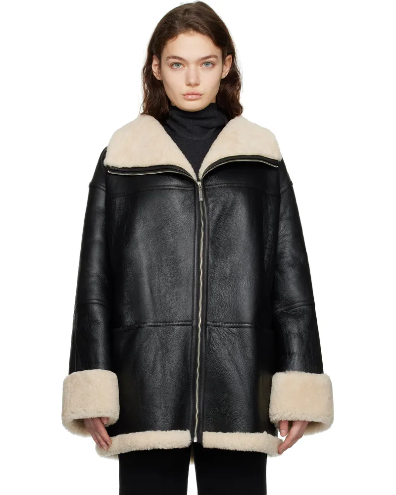 Totême Black & Off-White Signature Shearling Jacket Black