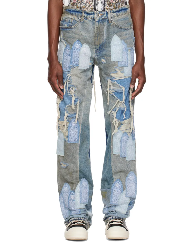 WHO DECIDES WAR Blue Patched Arch Repaired Blowout Jeans Denim