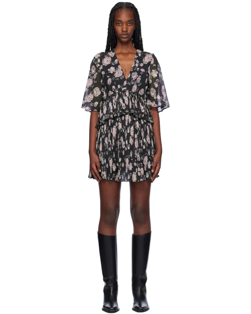 Ganni Black Floral Printed Pleated Minidress 252
