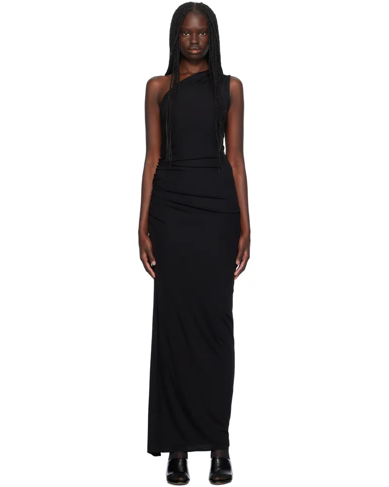 ATLEIN Black One Shoulder Ruched Maxi Dress C0114