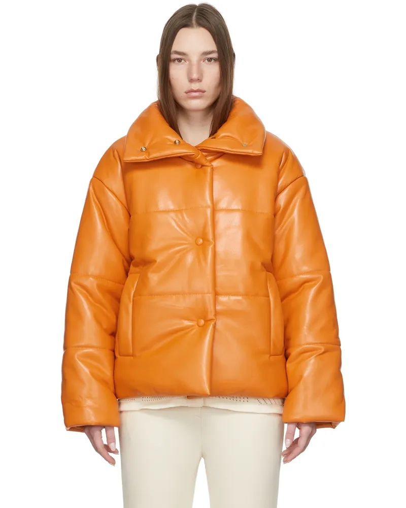 Nanushka Orange Hide Puffer Vegan Leather Jacket Orange