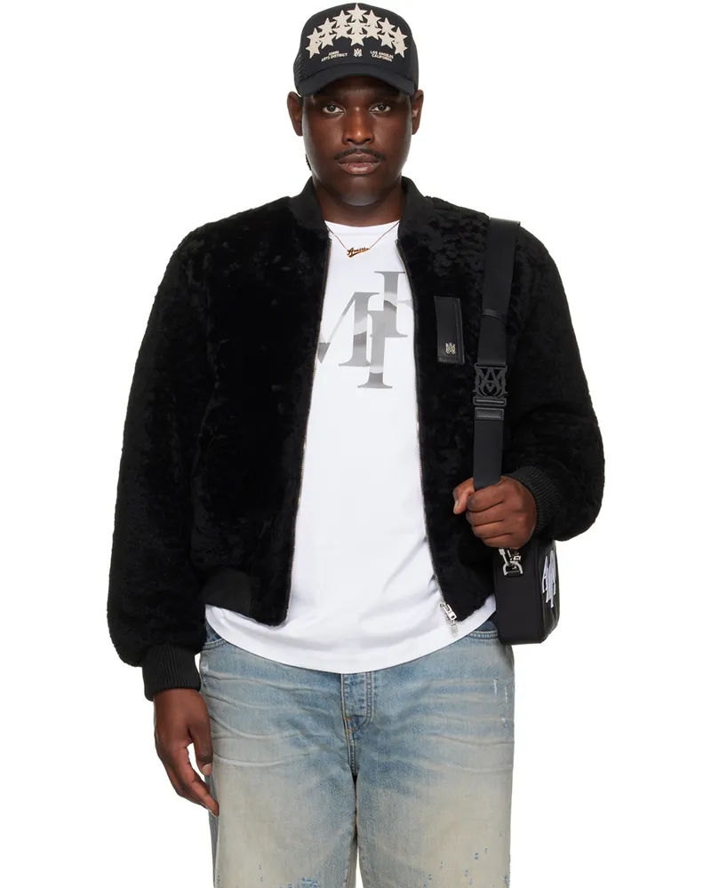 Amiri Black Zip Front Shearling Bomber Jacket Black-shearling
