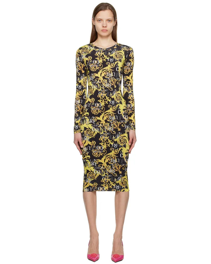 Versace Jeans Black Graphic Midi Dress Eg89