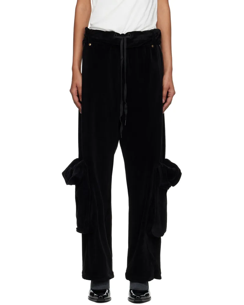 OPEN YY Black Rolled Waist Velour Cargo Pants Black