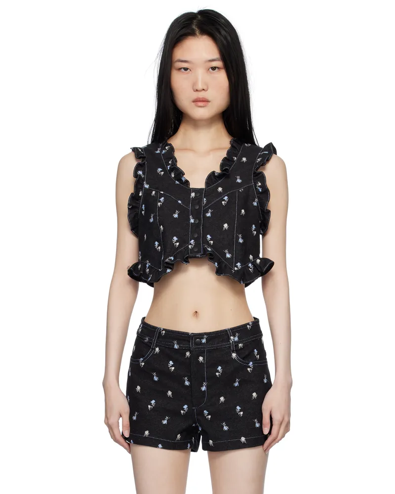 Anna Sui Black Embroidered Roses Cropped Denim Vest Black