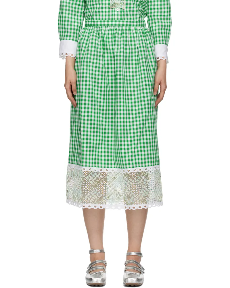 Anna Sui Green & White Gingham Midi Skirt Palm
