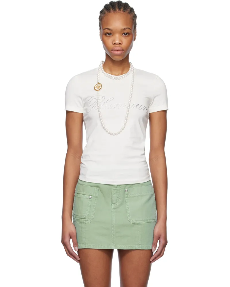 Blumarine White Rhinestone Embroidery T-shirt N0100