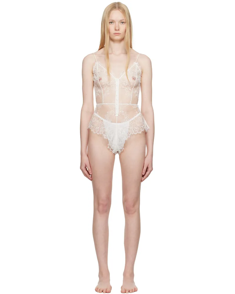 SKIMS White Ultra Fine Lace Teddy Bodysuit Marble