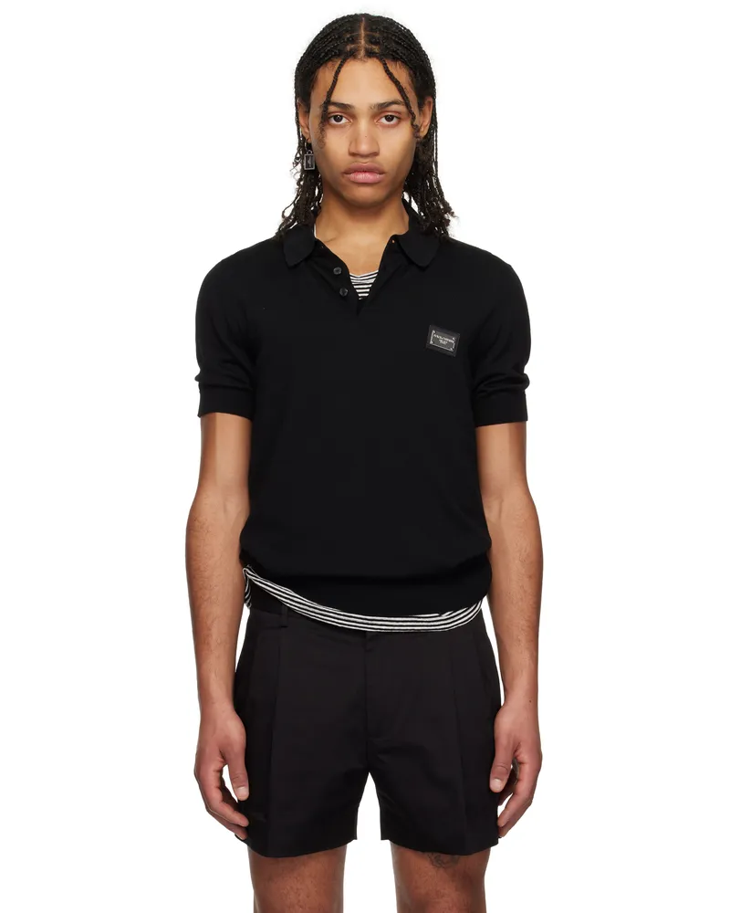Dolce & Gabbana Black Branded Tag Wool Polo Nero