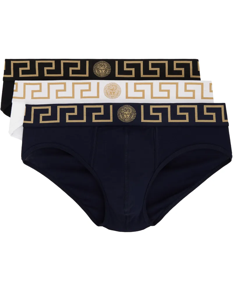 Versace Three-Pack Multicolor Greca Border Briefs A4345-black-blue-whi