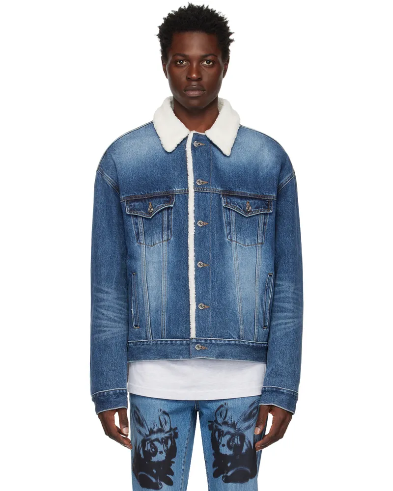 WE 11 DONE Navy Oversized Faux-Shearling Denim Jacket Blue
