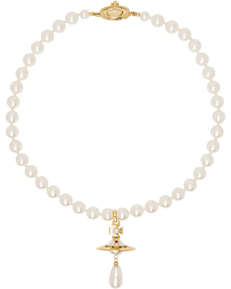 Vivienne Westwood Gold & White One Row Faux-Pearl Drop Choker R118