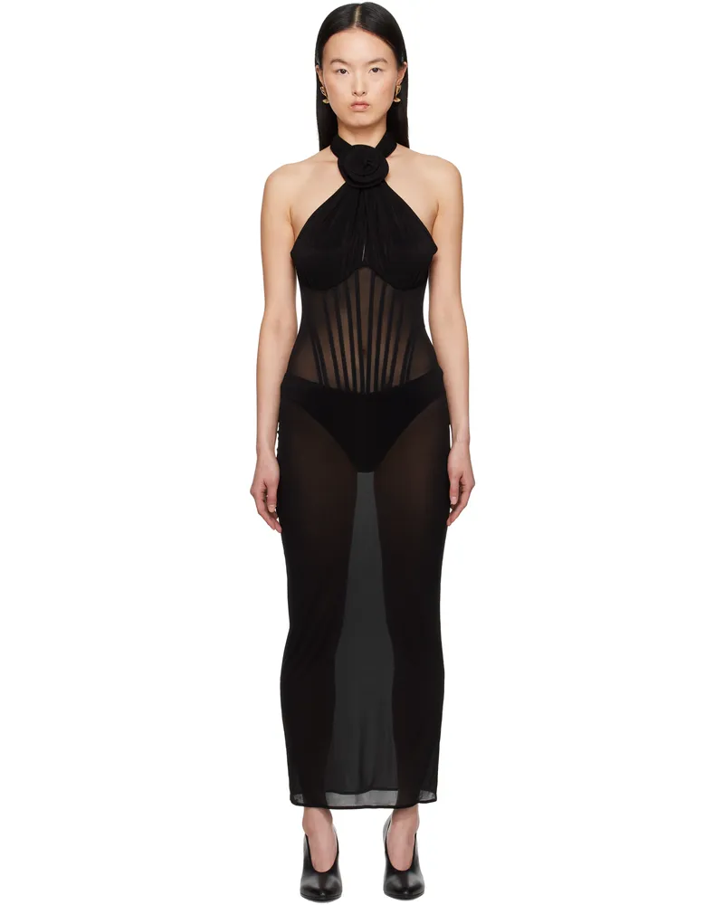 Magda Butrym Black Sheer Halter Bustier Midi Dress Black