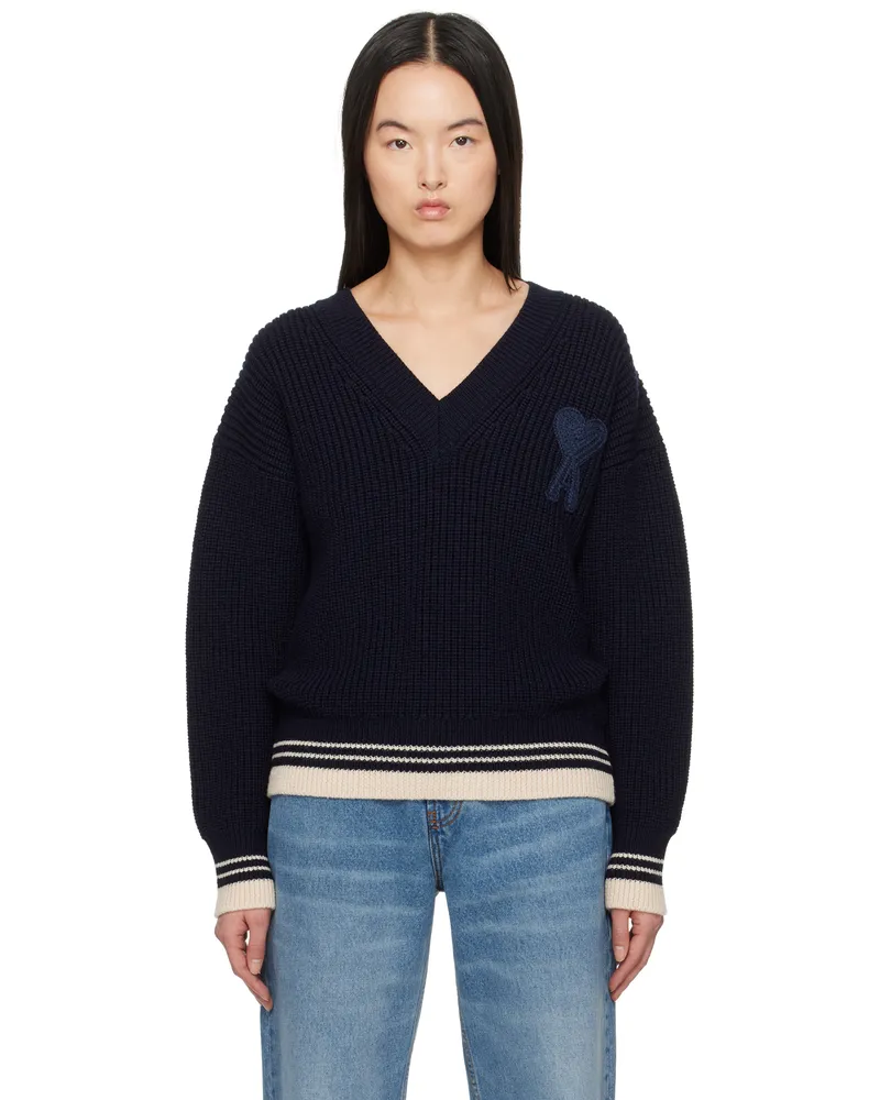 AMI Paris Navy Wool Ribbed V-Neck Sweater Navy
