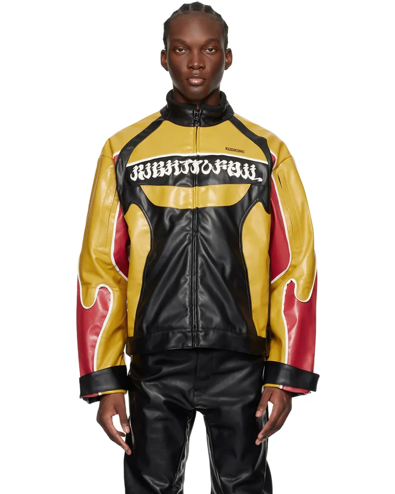 KUSIKOHC Black & Yellow Rider Faux-Leather Jacket Black