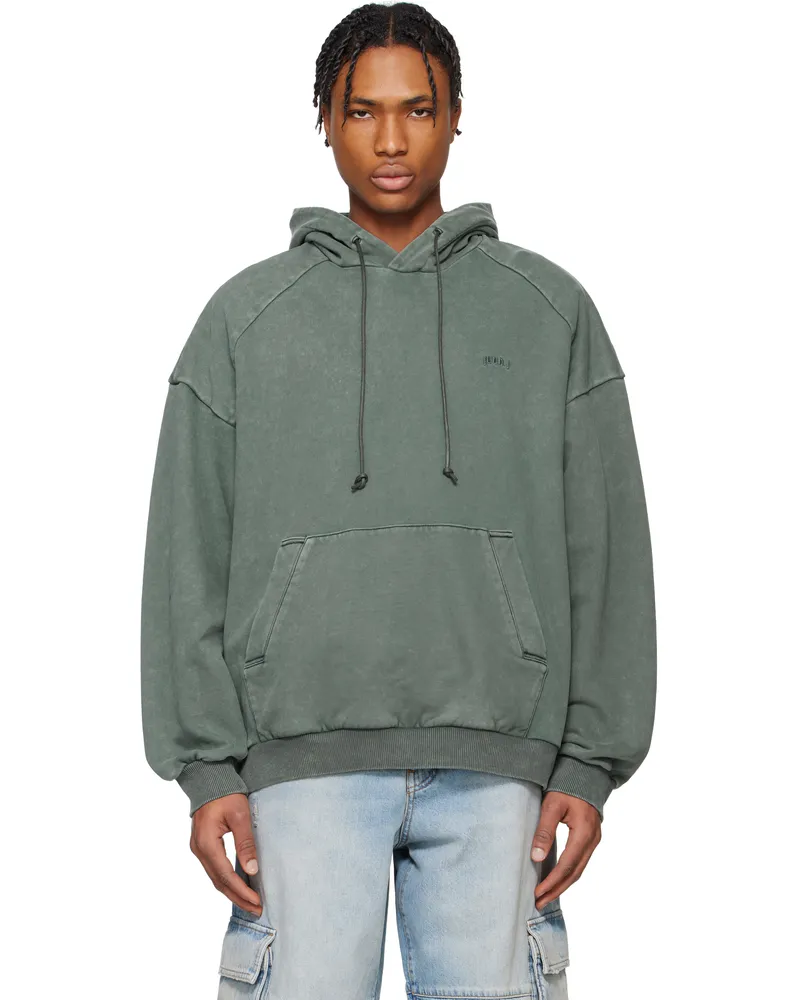 JUUN.J Blue Language Lettering Embroidery Dyed Hoodie Khaki