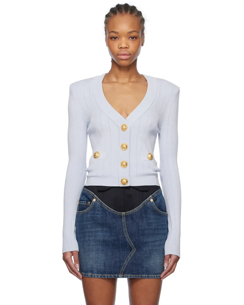 Balmain Blue Cropped Knit Cardigan 6ac