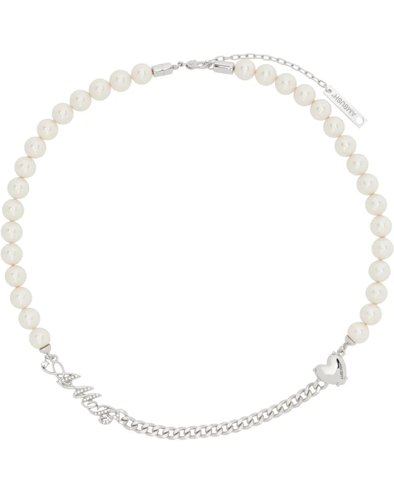 AMBUSH White & Silver Pearl Chain Mix Necklace Silver