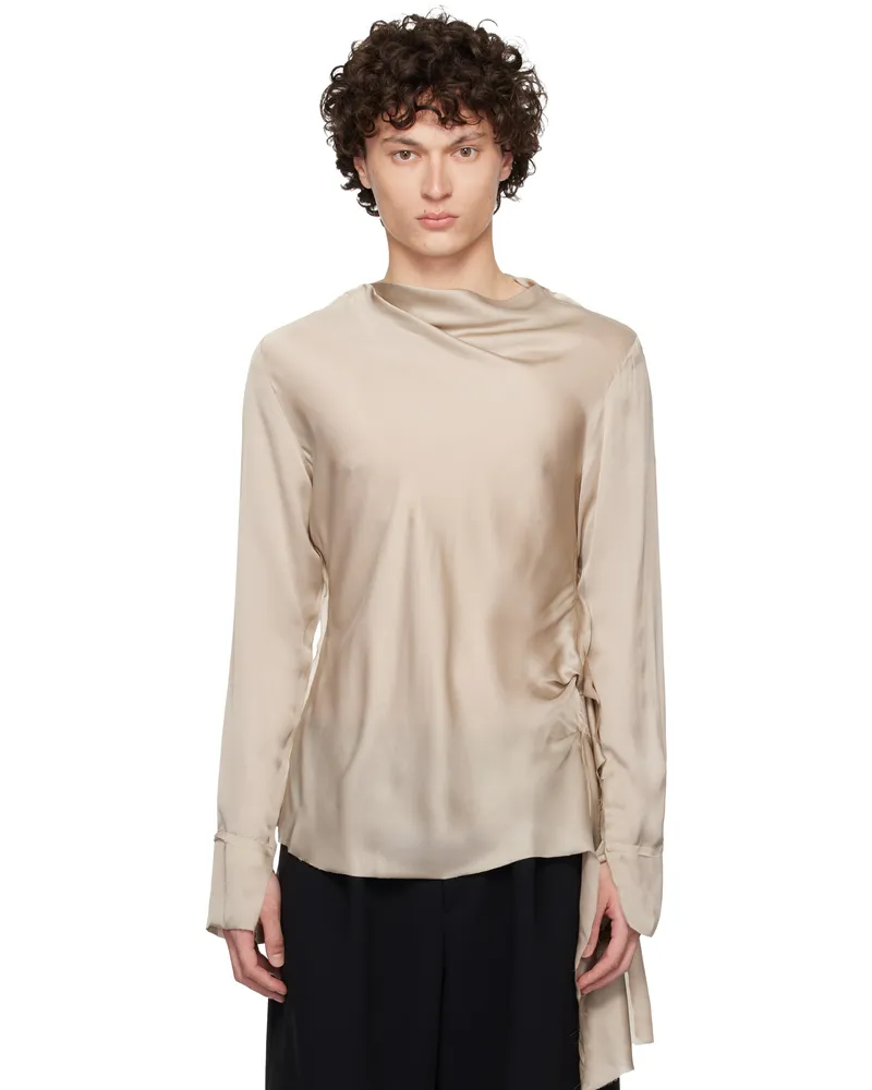 AARON ESH Taupe Draped Neck Long Sleeve Silk Blouse Aess25t02m