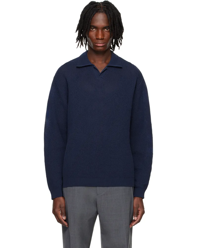 SOLID HOMME Navy Open-Knit Polo 513n