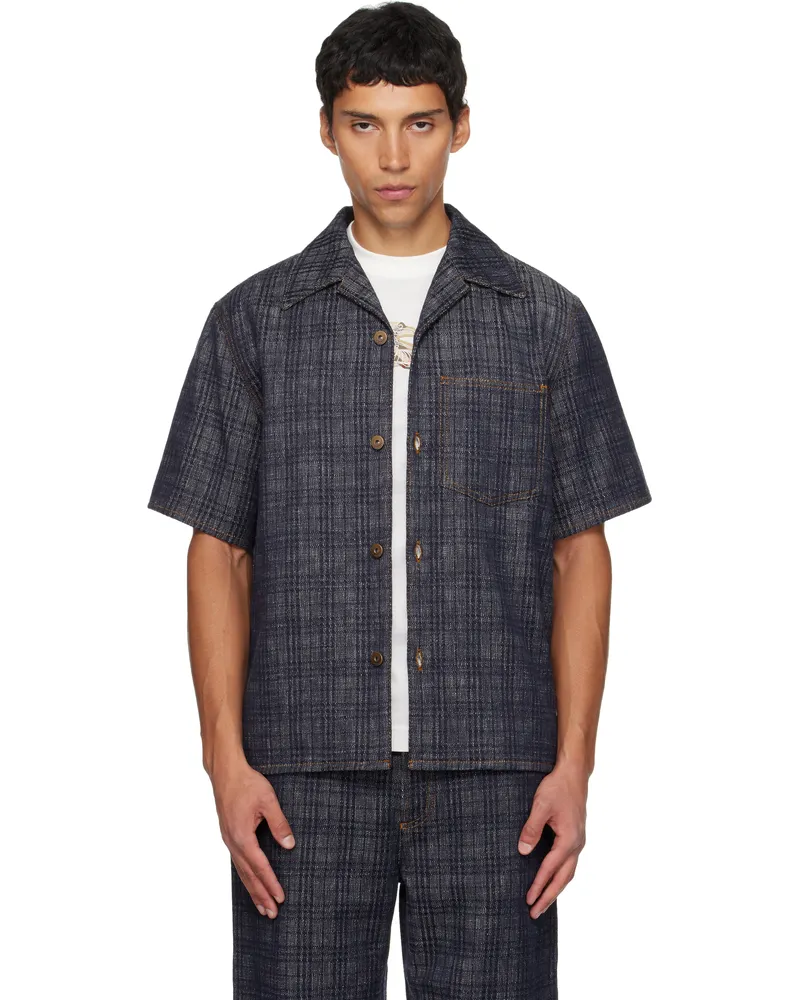 Burberry Navy Relaxed Fit Check Denim Shirt Indigo