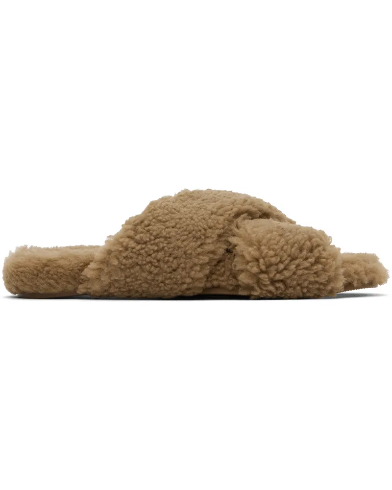 Yves Salomon Tan Curly Merino Slippers A2156