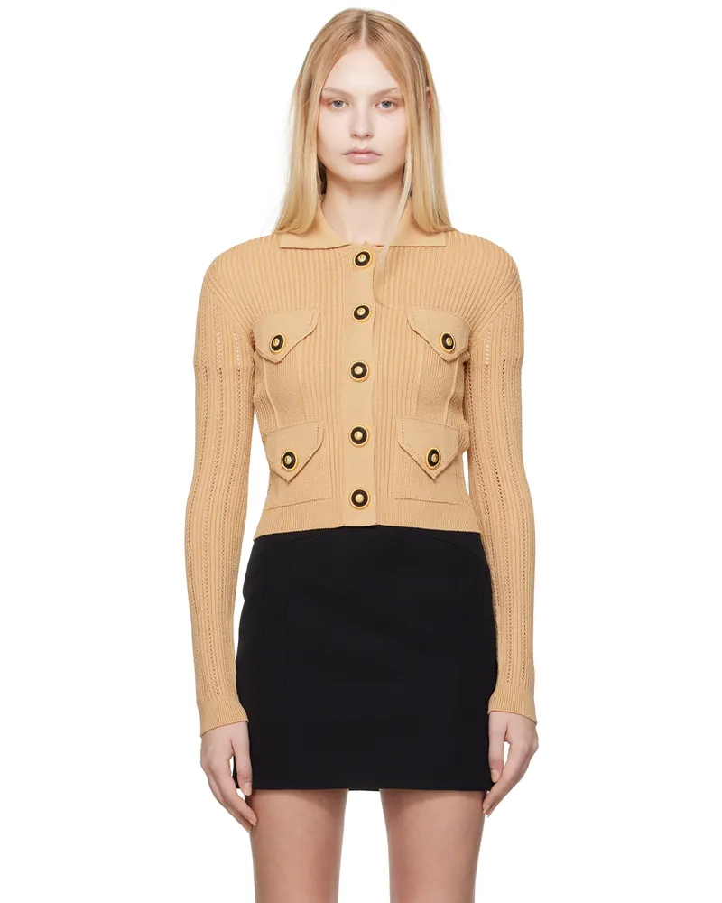 Balmain Tan Cropped Ribbed Knit Cardigan 0dc