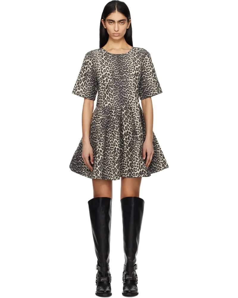 Ganni Beige & Gray Leopard Cotton Tweed Minidress 943