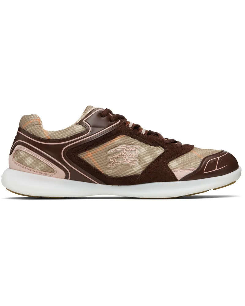 Burberry Beige & Burgundy Check Matrix Sport Sneakers Broom