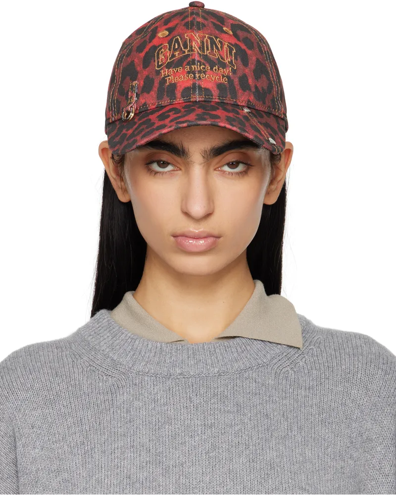 Ganni Red & Black Leopard Cap 474