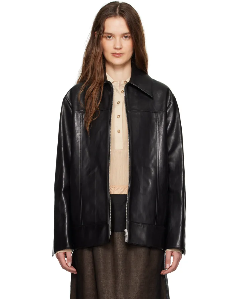 Jil Sander Black Boxy Fit Leather Biker Jacket 001