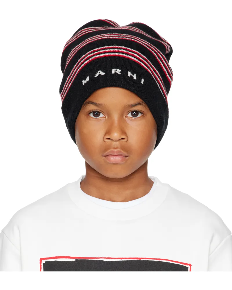 Marni Kids Black Knit Wool Mix Stripes Beanie 0m900
