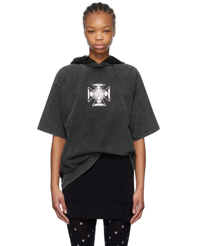 WE 11 DONE Black Heart Cross Hooded T-shirt Black