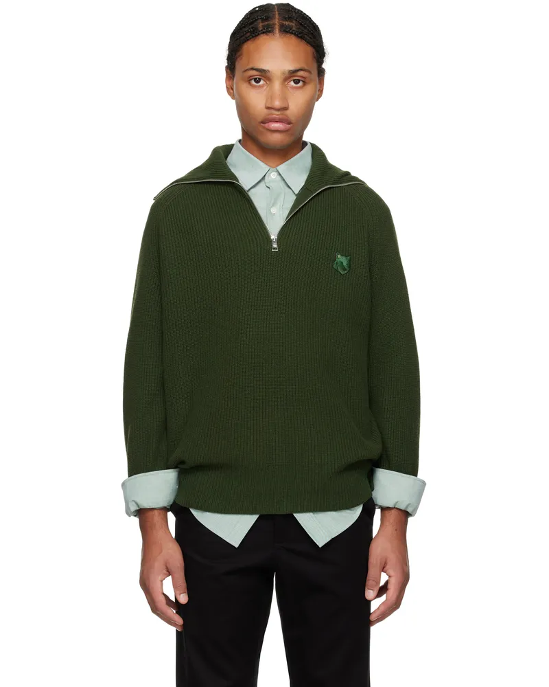 Kitsuné Green Bold Fox Head Patch Half Zip Ribbed Sweater P391
