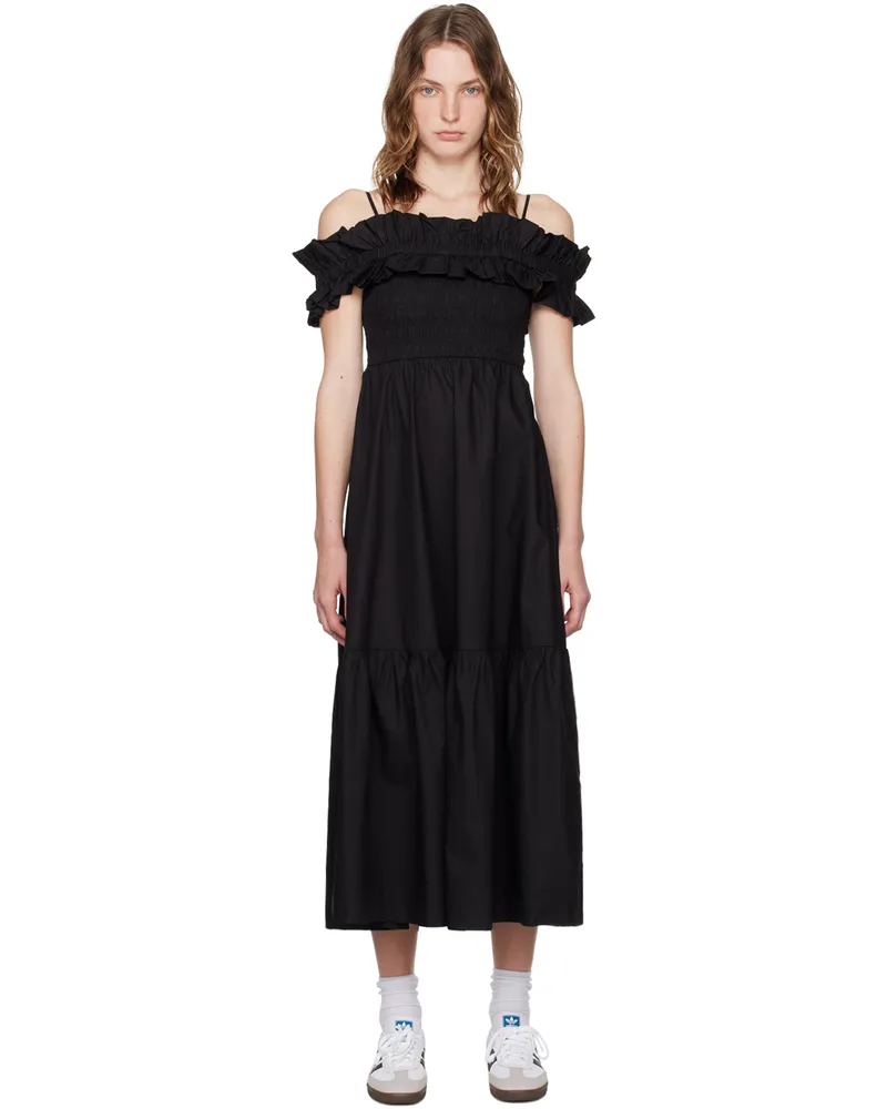 Ganni Black Shirred Midi Dress 099