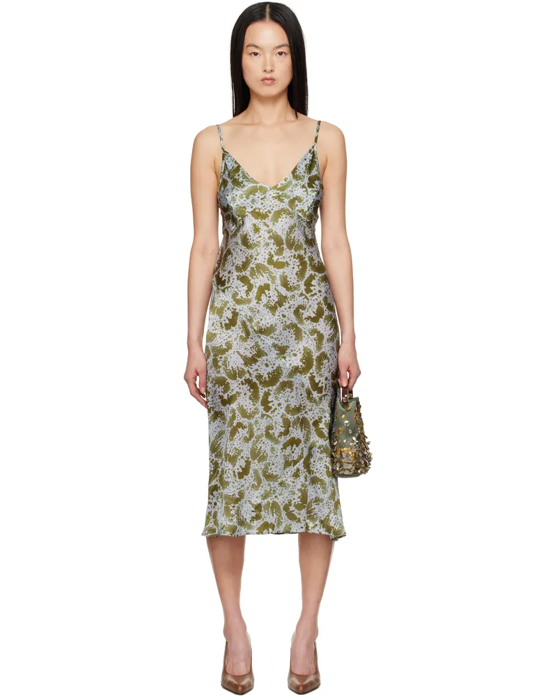 Dries van Noten Blue & Green Silk Slip Midi Dress 606