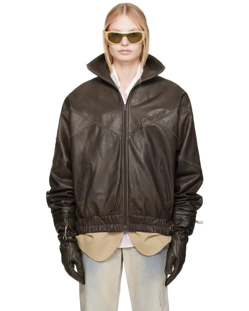 Acne Studios Brown Embossed Logo Leather Jacket 700