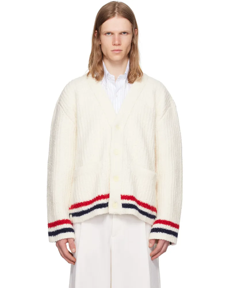 Thom Browne White Chunky Rib Stitch V Neck Cardigan 100white