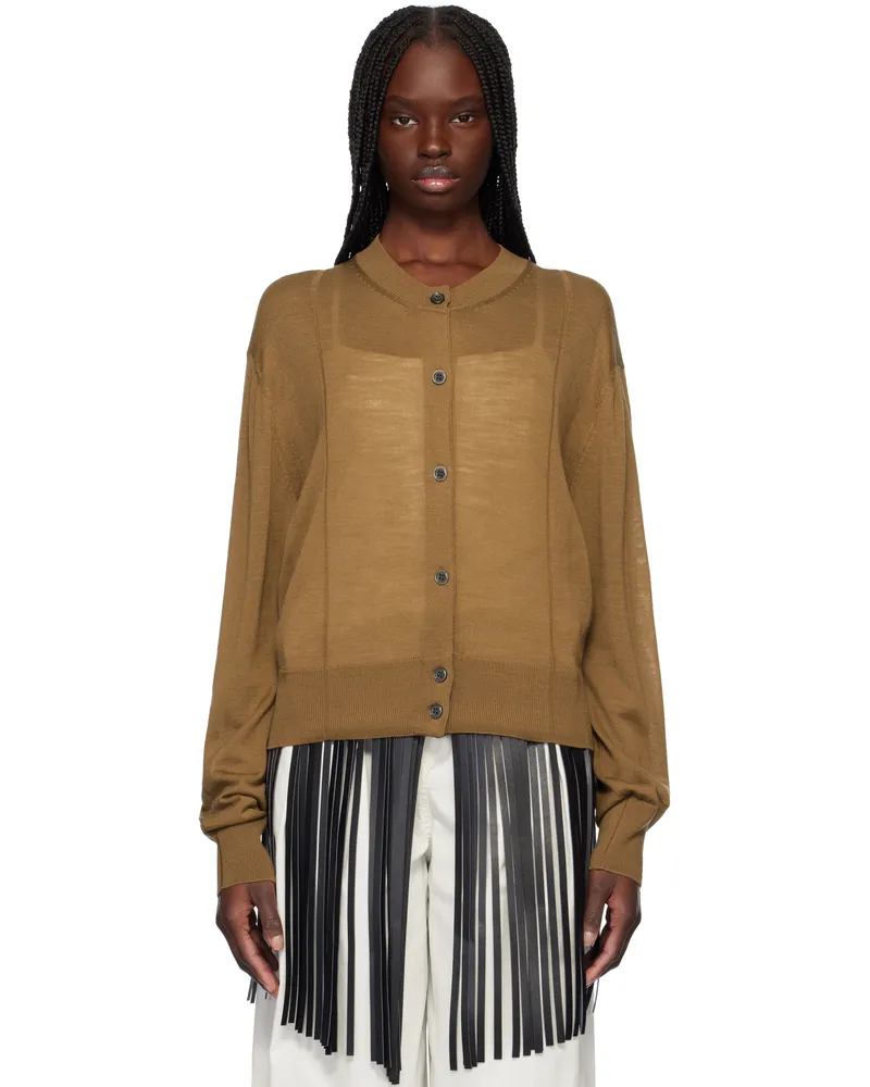RECTO Tan Crewneck Sheer Knit Cardigan Ochre