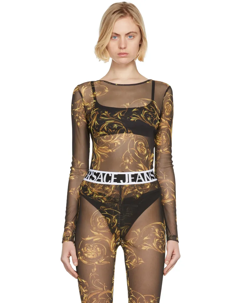 Versace Jeans Black Mesh Regalia Baroque Bodysuit Eg89