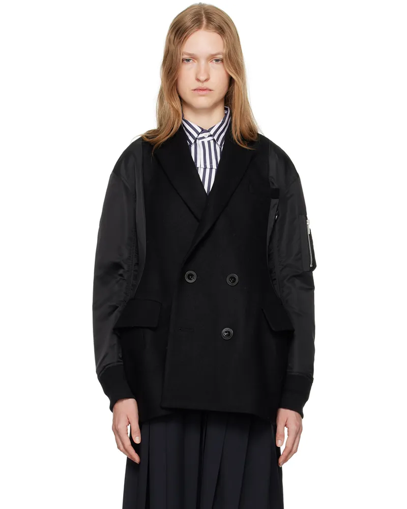 Sacai Black Wool Melton & Nylon Twill Quilted Coat 001