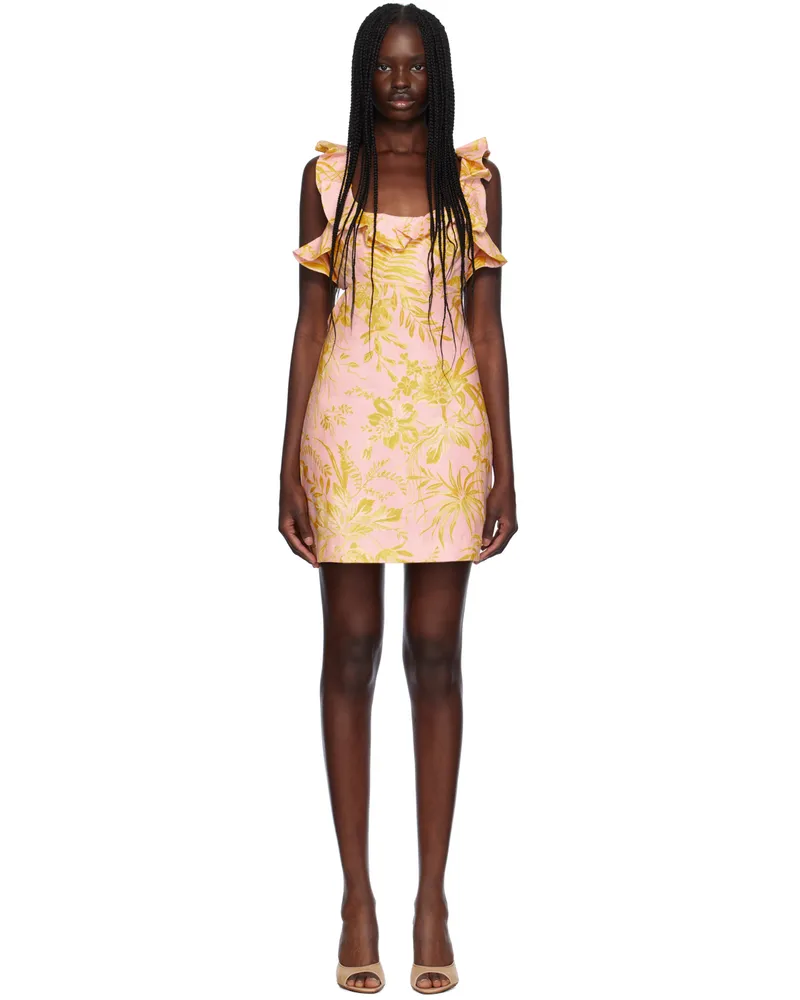 Zimmermann Pink & Yellow Ruffled Midi Dress Pink