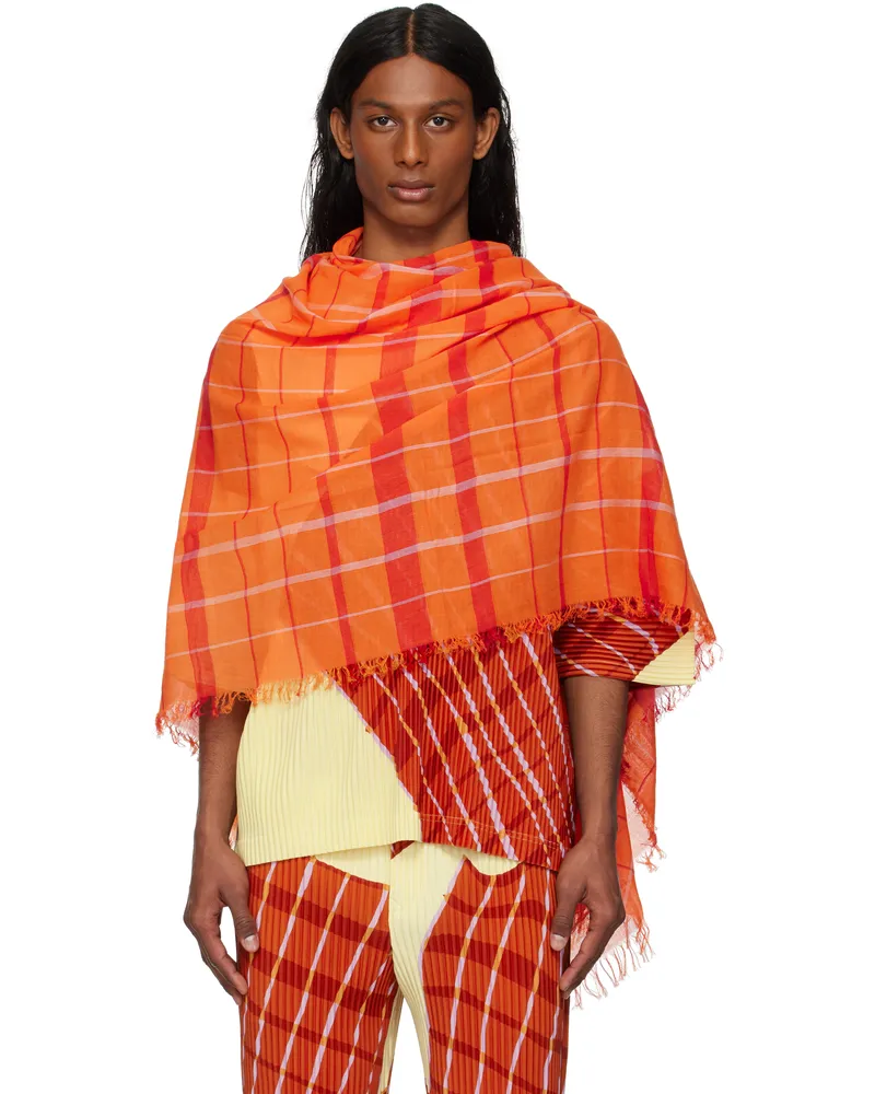 Issey Miyake Orange Plaid Stole Scarf 32-orange