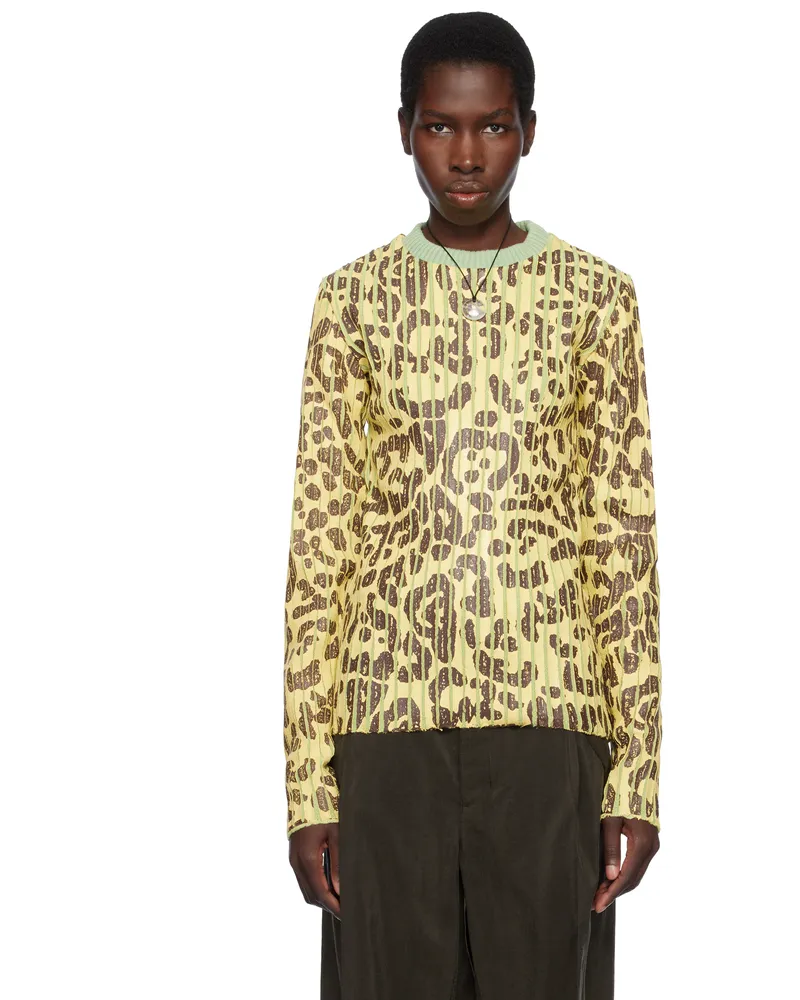 Stanley Raffington Yellow & Green Leopard Print Plated Knit Crewneck Sweater Green
