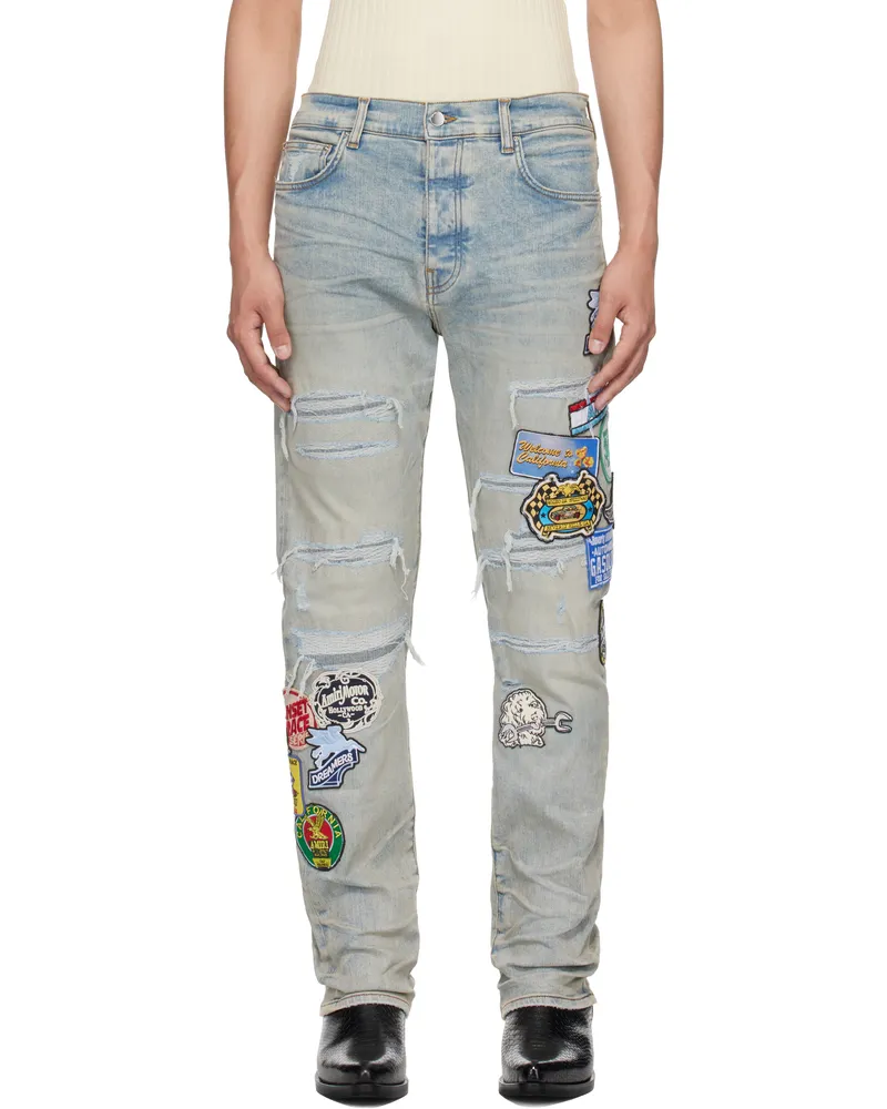 Amiri Blue Station Patch Repair Slim Jeans Perfect