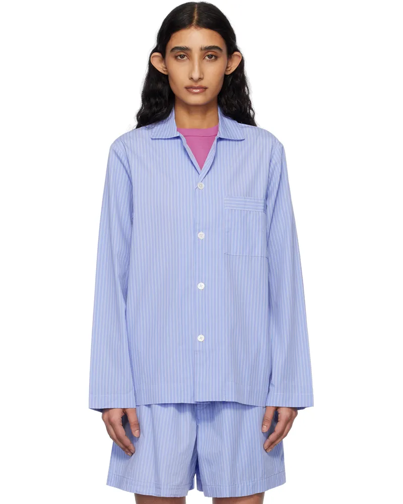 TEKLA Blue & White Poplin Long-Sleeved Pyjama Shirt Pin