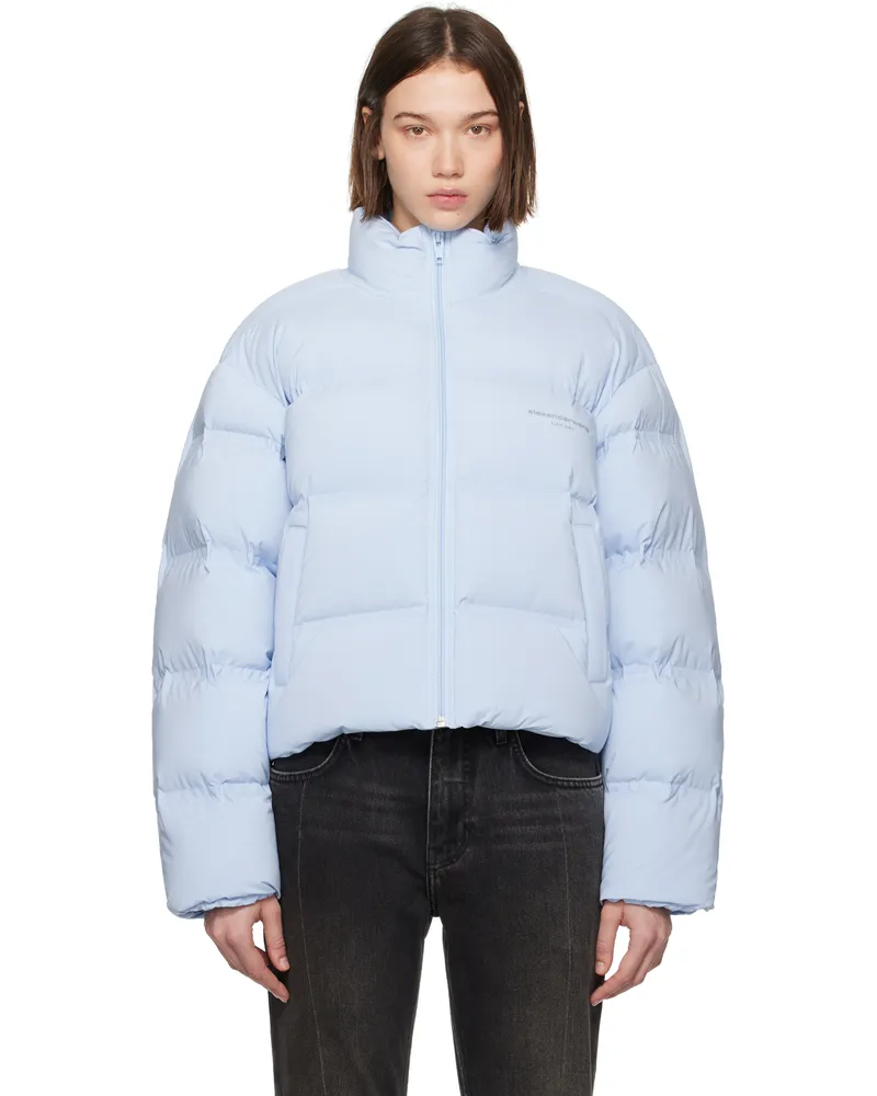 Alexander Wang Blue Cropped Reflective Logo Down Jacket Oxford