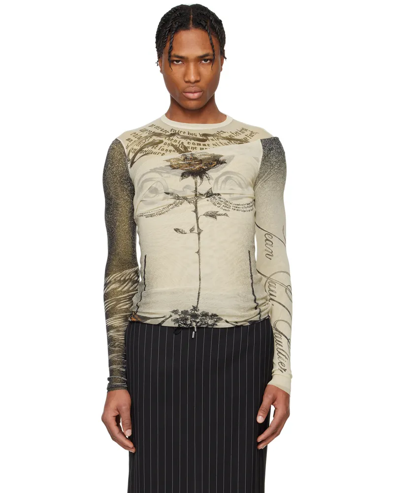 Jean Paul Gaultier Beige 'The Tattoo Rose and Bird' T-shirt 030030-ecru
